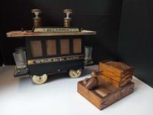 Vintage Traincar Decanter glasses set and wooden cigarette dispenser