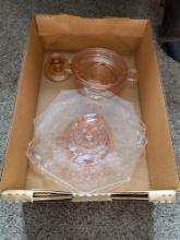 Pink depression:... etched platters, 1 candle holder, bowl.......Shipping