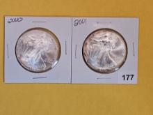 2000 and 2001 GEM Brilliant Uncirculated American Silver Eagles