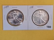 1989 and 1991 GEM Brilliant Uncirculated American Silver Eagles