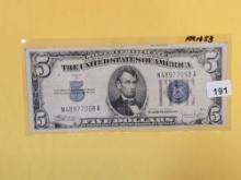 1934-C Five Dollar Silver Certificate in Very Fine plus