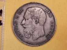 1875 Belgium silver 5 francs in Very Fine