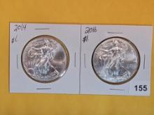 2014 and 2016 GEM BU American Silver Eagles