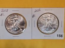 2012 and 2016 GEM BU American Silver Eagles