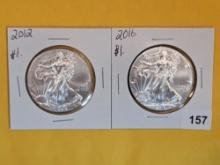 2012 and 2016 GEM BU American Silver Eagles