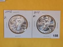 2002 and 2012 GEM BU American Silver Eagles