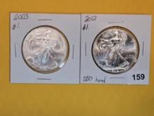 2003 and 2012 GEM BU American Silver Eagles