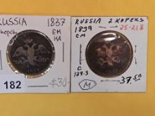 1837 and 1839 Russian 2 kopeks