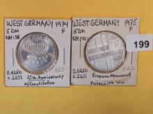 1974-F and 1975-F German Silver 5 marks