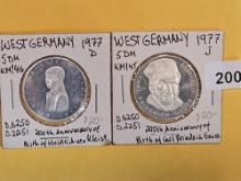 1977-D and 1977-J German silver 5 marks