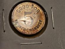 Scarcer R. S. Wooten Good for 5 cent token