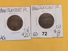 Two 1866 Two Cent pieces