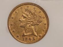 * Better Date! NGC 1843 Liberty Head Five Dollars in Extra Fine - 45