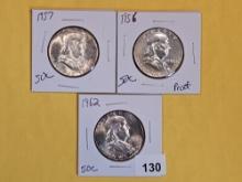 Three very choice to GEM silver Franklin Half Dollars