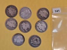 Eight mixed silver Barber Half Dollars