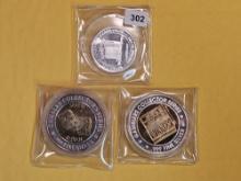 Three GEM Proof Ten Dollar .999 Fine silver Casino Gaming Tokens