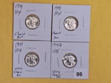 Four silver Mercury Dimes in Choice Plus to Very Choice Brilliant Uncirculated