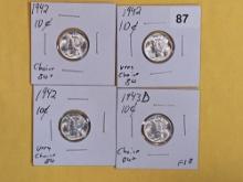 Four silver Mercury Dimes in Choice Plus to Very Choice Brilliant Uncirculated