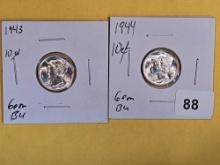 Two GEM Brilliant uncirculated Mercury Dimes