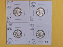 Four silver Mercury Dimes in Very Choice to GEM Brilliant Uncirculated