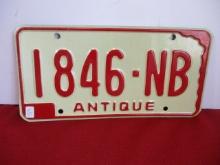 NOS Vintage Nebraska "Antique" Vehicle License Plate