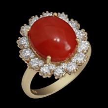 14k Yellow Gold 4.65ct Coral 1.50ct Diamond Ring