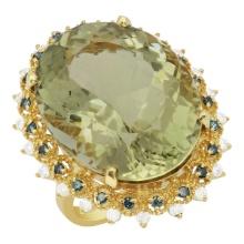 14k Yellow Gold 30.72ct Green Amethyst 0.34ct & 0.53ct Diamond Ring