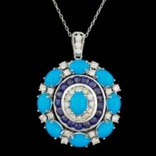 14K White Gold 8.81ct Turquoise 2.57ct Sapphire 1.59ct Diamond Pendant