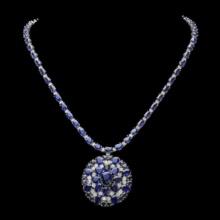 14K White Gold 43.37ct Sapphire and 2.48ct Diamond Necklace