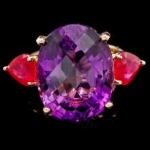 14K Yellow Gold 14.57ct Amethyst and 2.91ct Ruby Ring