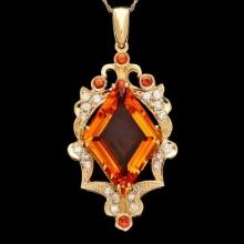 14K Gold 14.86ct Citrine 0.36ct Sapphire and 0.67ct Diamond Pendant