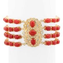 14K Gold 38.50ct Coral 1.10cts Diamond Bracelet