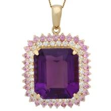 14K Gold 25.29ct Amethyst 2.0ct Pink Sapphire 1.56ct Diamond Pendant