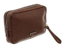 Prada Brown Vitello City Leather Wristlet Zip Pouch