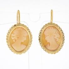 Vintage 14k Gold Oval Carved Shell Cameo w/ Wavy Wire Frame Drop Dangle Earrings