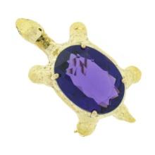 Vintage 14k Yellow Gold 11 ctw Oval Amethyst Diamond Turtle Tortoise Pin Brooch