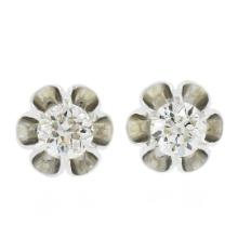 NEW 14K White Gold 0.76 ctw European Diamond Buttercup Prong Flower Stud Earring