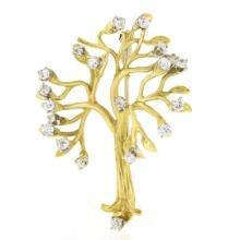 Textured 18K TT Gold 1.0 ctw Prong Set European Diamond Tree Branch Pin Brooch