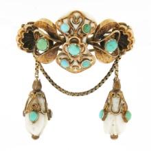 Antique Victorian 14K Gold Turquoise & Carved White Stone Dangle Brooch Pin