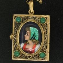 Antique French 14k Gold Turquoise Enamel Portrait Hinged Locket Pendant Necklace