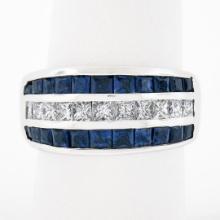 18k White Gold 3.20 ctw Square Princess Diamond & Sapphire Channel Wide Band Rin