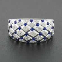 14k White Gold Royal Blue Enamel Dot Tufted Grid w/ Dual Finish Wide Band Ring