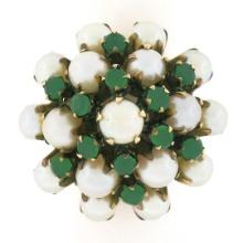 Antique 8k Yellow Gold Round Pearl & Green Chalcedony Prong Cluster Pyramid Ring