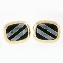 Vintage 14k Yellow Gold Swivel Cuff Links w/ Hematite Inlaid in Black Onyx