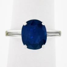 Platinum 4.24 ctw Gubelin NO HEAT Oval Sapphire & Baguette Diamond 3 Stone Ring