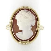 Vintage 14k Gold Milgrain Bezel Set Oval Carved Shell Cameo W/ Open Frame Ring