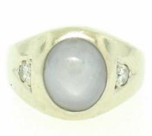 Men's Vintage 14k White Gold 7.24 ctw Oval Gray Star Sapphire Round Diamond Ring