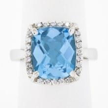 14k White Gold Cushion Checkerboard Swiss Blue Topaz Diamond Halo Cocktail Ring