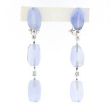 Antonini 18K White Gold Chalcedony Bead Round Diamond Long Drop Dangle Earrings