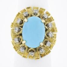 Vintage 14k Gold Cabochon Turquoise.36 ctw Diamond Textured Layered Cocktail Rin